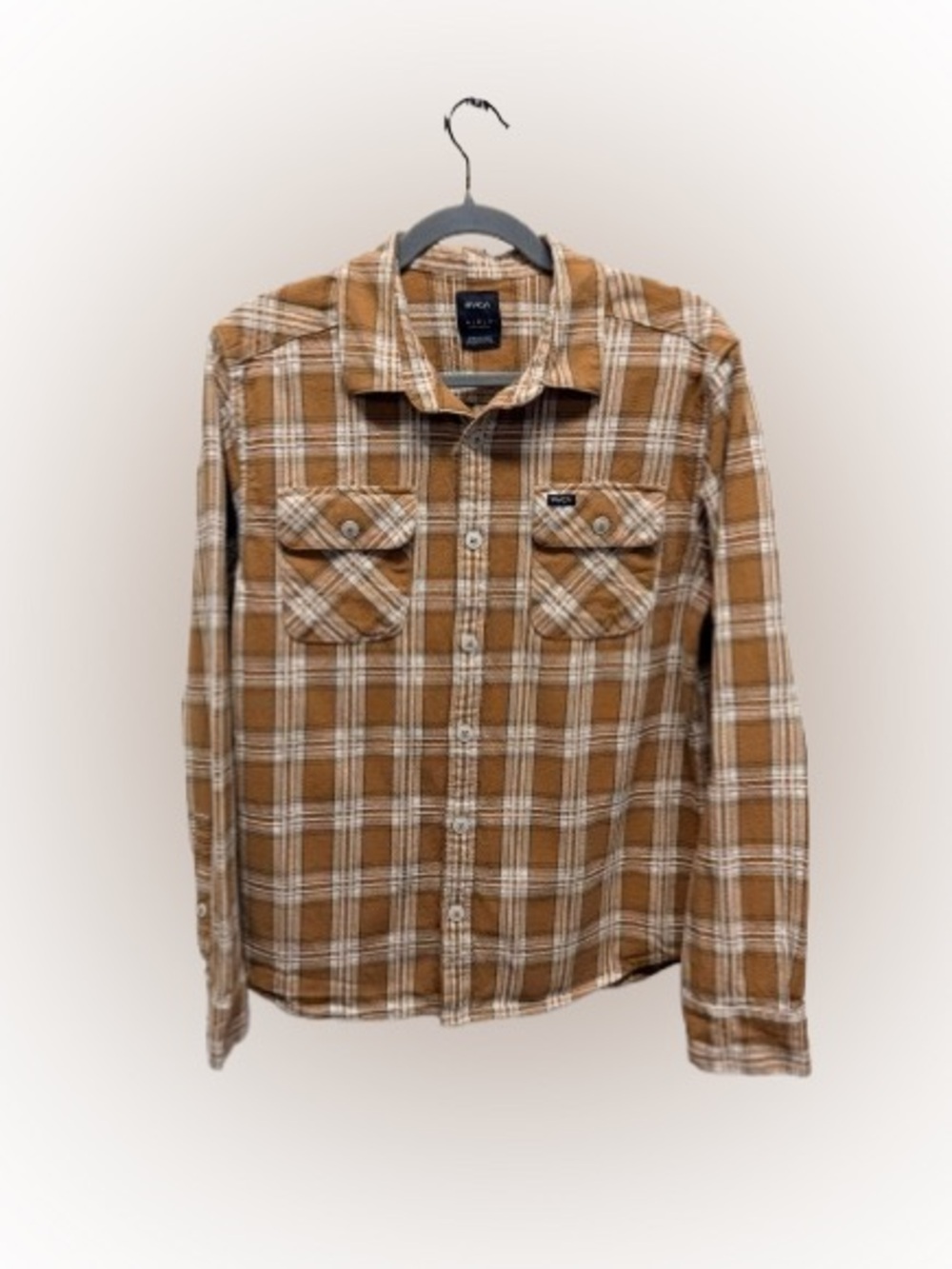 RVCA Heavyweight Plaid Flannel Shirt Brown Tan Cotton Button Front Men’s M